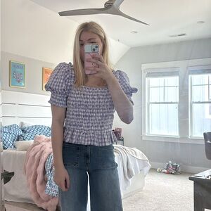 Purple Gingham Puff Sleeve Top